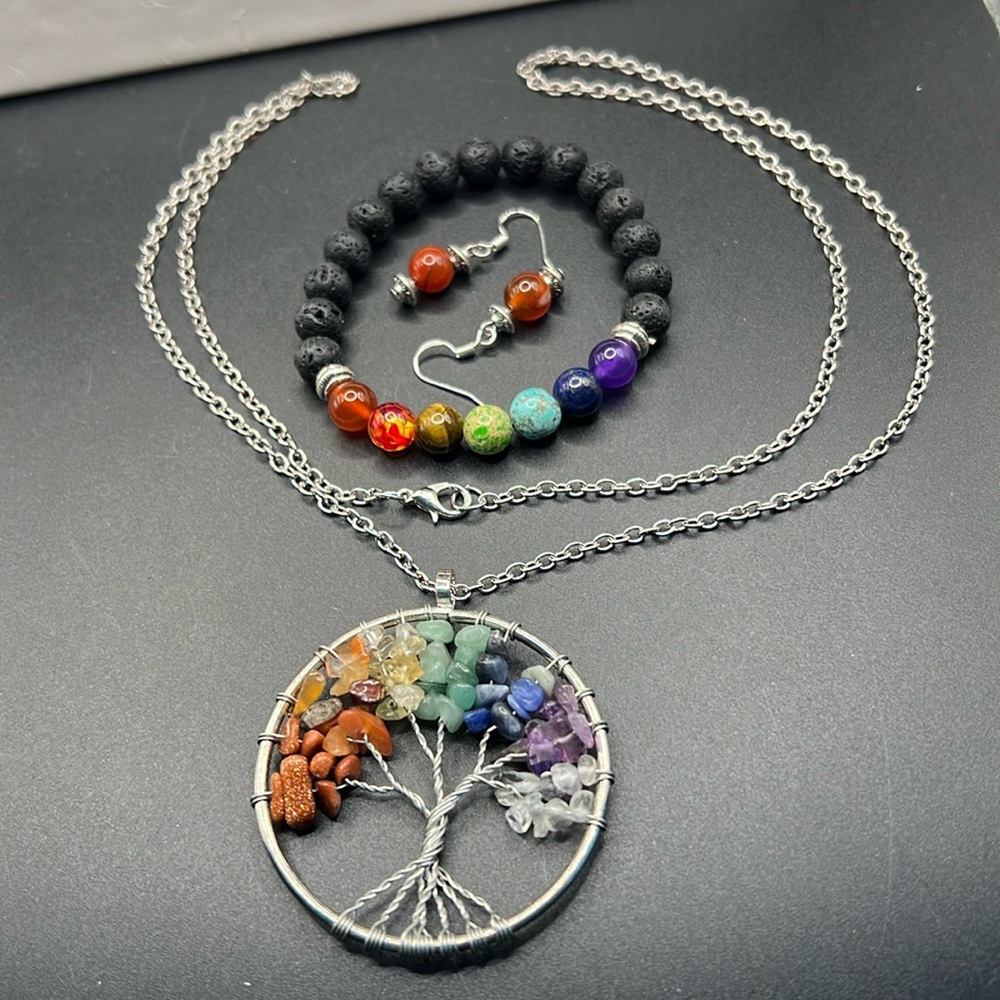 Chakra Tree of Life necklace ,bracelet and earrings set